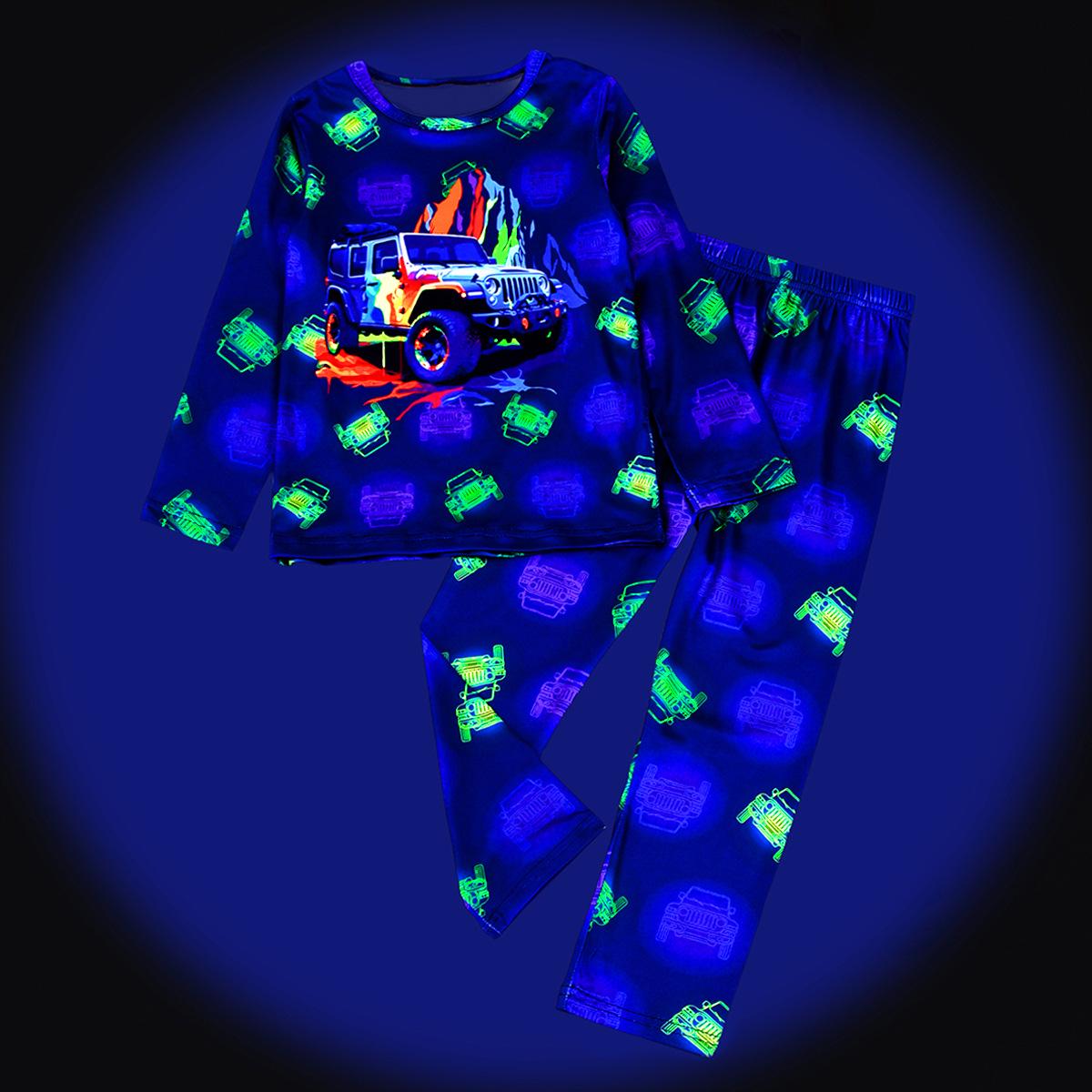 

Цифровий зелений флуоресцентний набір піжами з динозаврами та машинами для хлопчиків та дівчаток - Довгий рукав та штани 7 Years