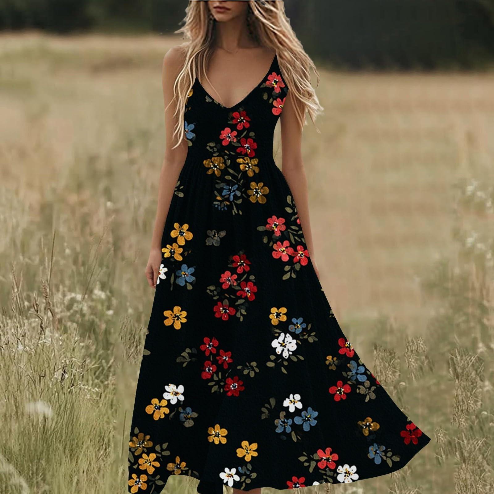 

Бохо Летние Платья V-образный вырез Платья-сарафаны с цветочным принтом, Пляжные Трендовые Воздушные Платья для Женщин XXL чёрный