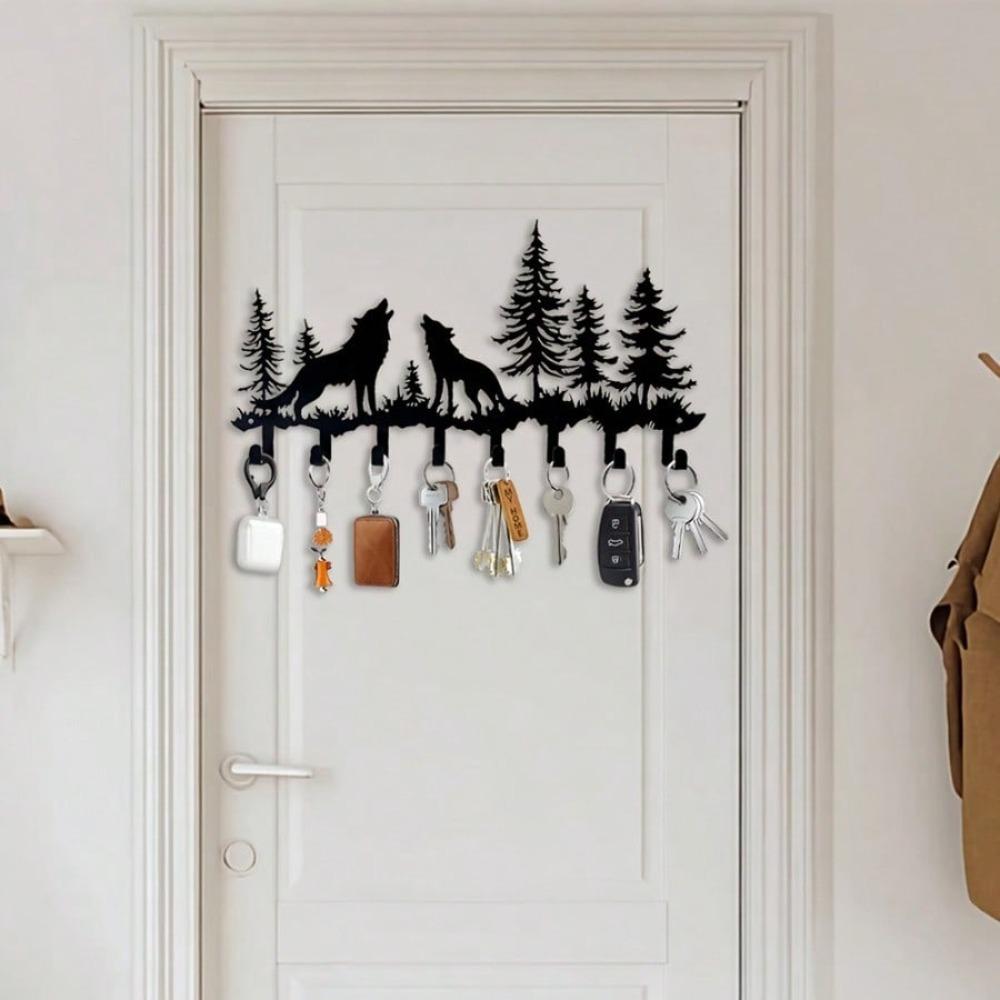 1 stk. rustikk metallnøkkelholder med ulvetema - enkel å installere veggmontert klesstativ, perfekt for stue, kjøkken, bad, gang,