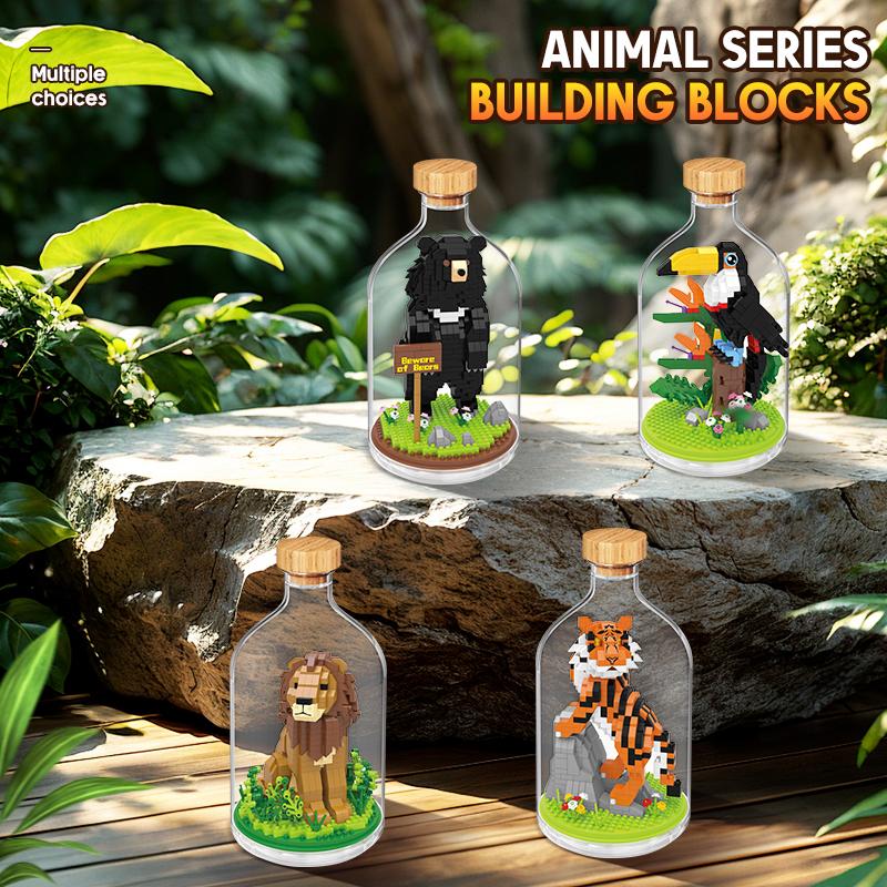 Non-Toxic New Product Simulation Animal Series Creative Children'S Toys Bottled Building Blocks Flamingo Seahorse Educational Gift Model