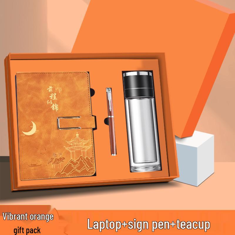 Premium National Tide Notebook & Business Tea Brewing Glass Cup Gift Set оранжевый
