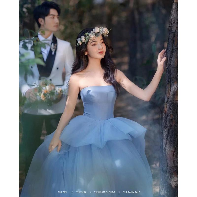 

Цвет одежды пряжа топ-труба Мори пара синее свадебное платье шлейф цветочная лужайка новое платье M синий