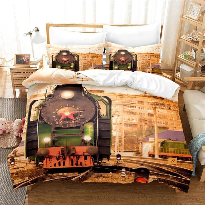 3D Train Steam Engine Bedding Set,Duvet Cover Comforter Bed Set Quilt Cover Pillowcase,King Queen Twin Size Boys Girls Adults Tool