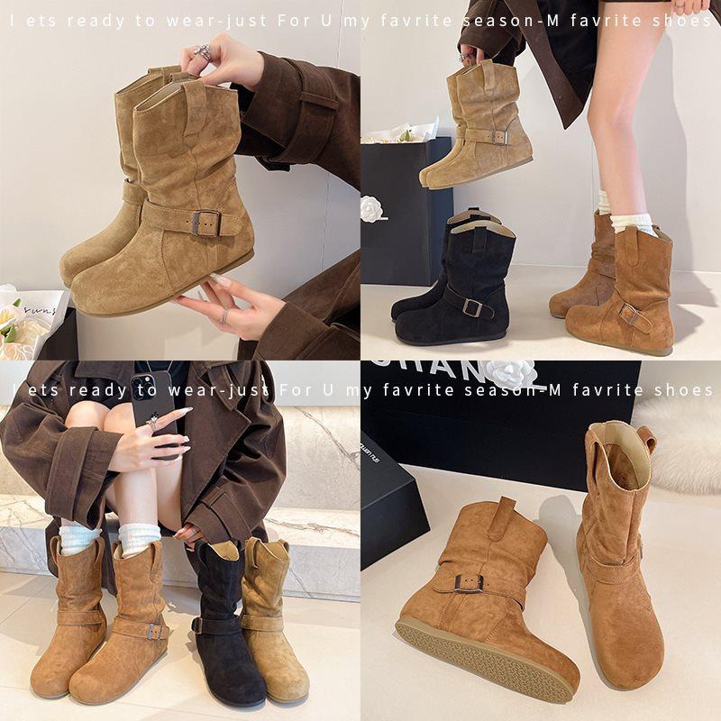 New retro beauty 2025 slim pile inner heightening boots women's autumn pleated rad belt buckle brown short boots