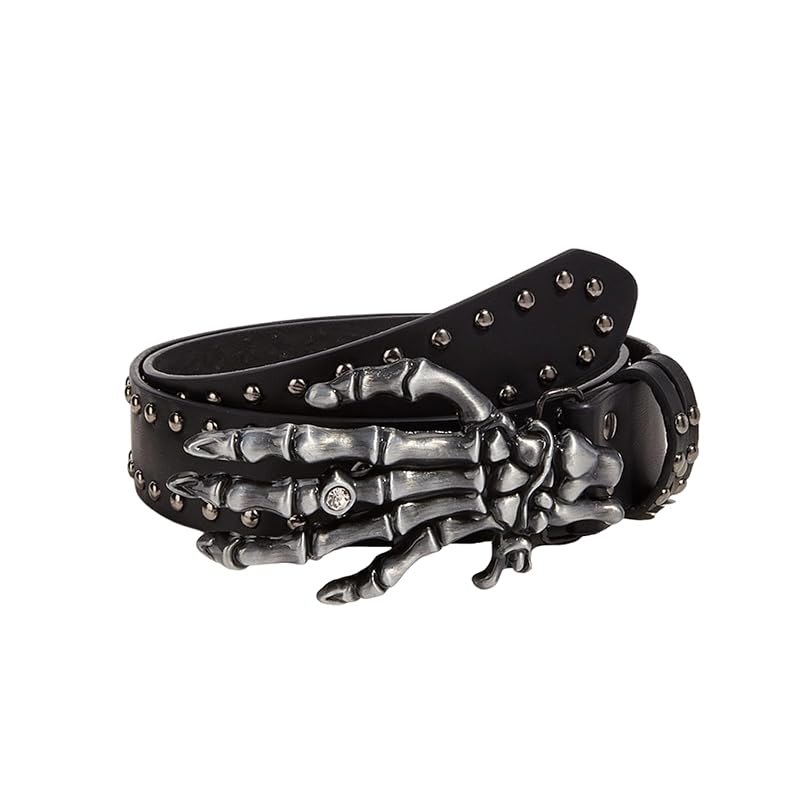 

[Lamerry] studded belt skull bone skull bone belt punk fashion street Subculture system y2k grunge PU leather 105cm men s ladies black