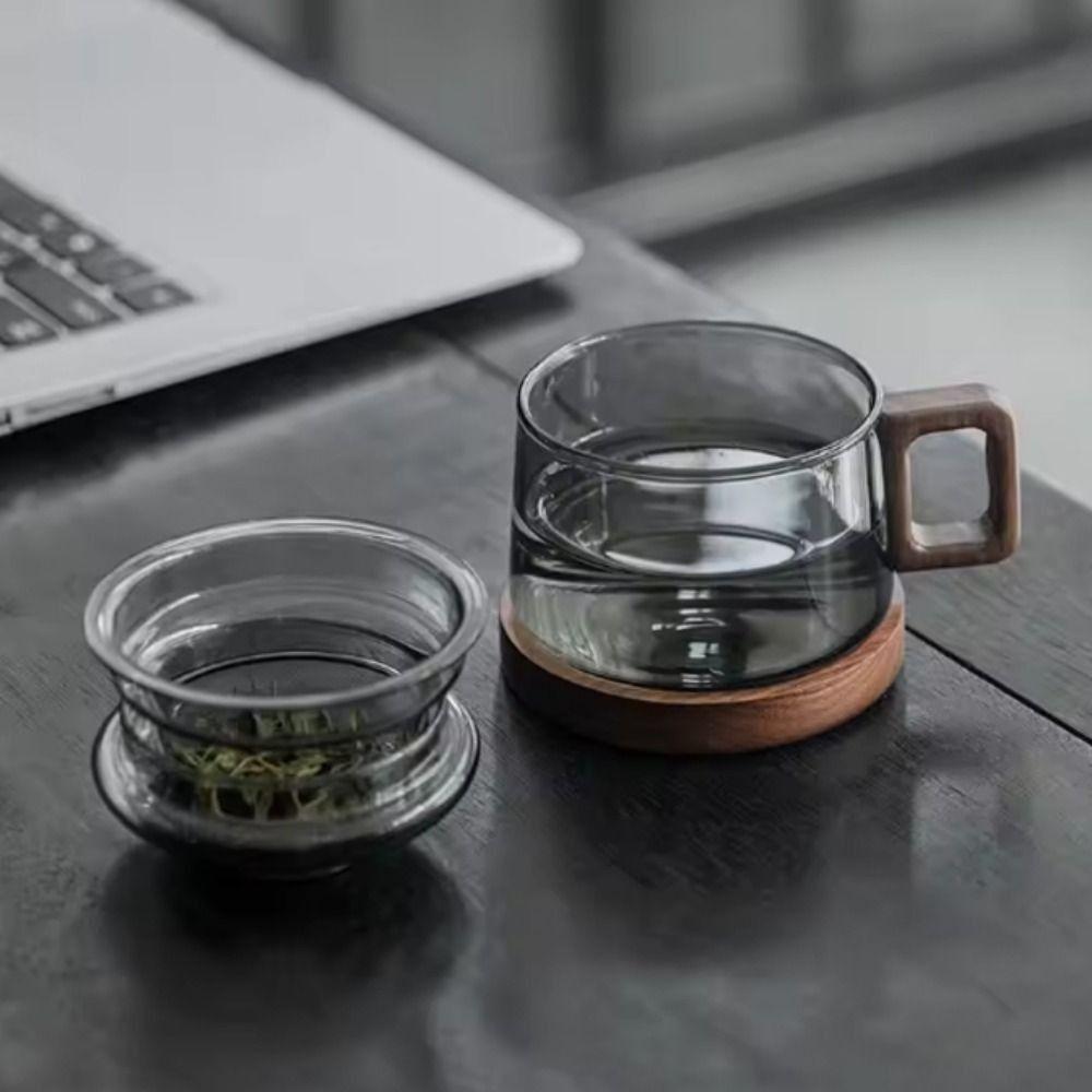 Anti-Scalding Glass Tea Cup with Infuser Wooden Handle Tea Separation Mug Kung Fu Tea Set  Home