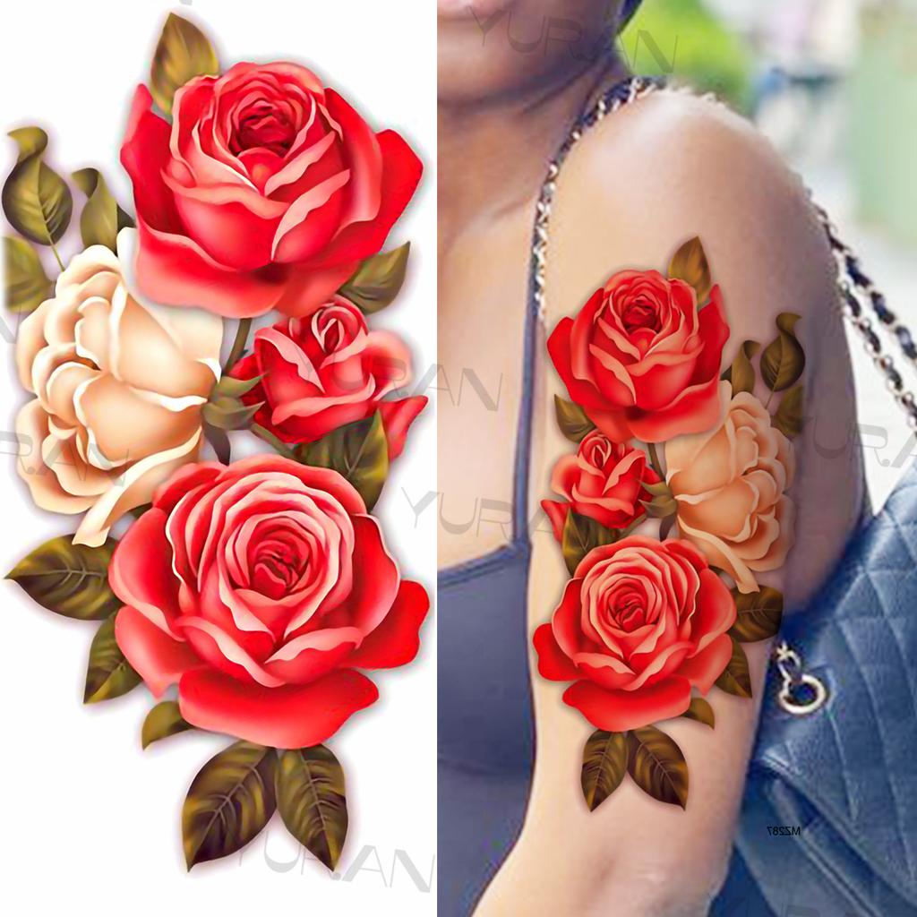Large Colorful Rose Flower Temporary Tattoos For Girls Women Anchor Fake Gemstone Pendant Tattoo Paste Arm Body Tatoos Creative