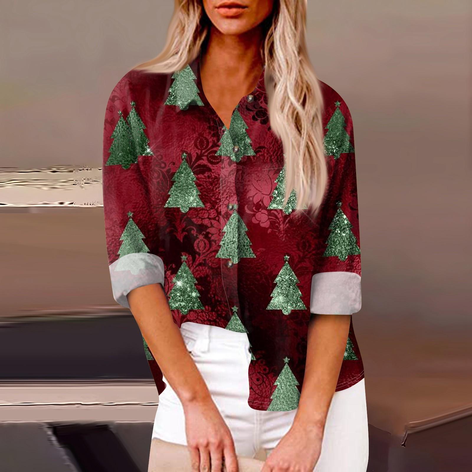 Женская свободная повседневная рубашка с длинными рукавами и рождественским принтом — фото 10