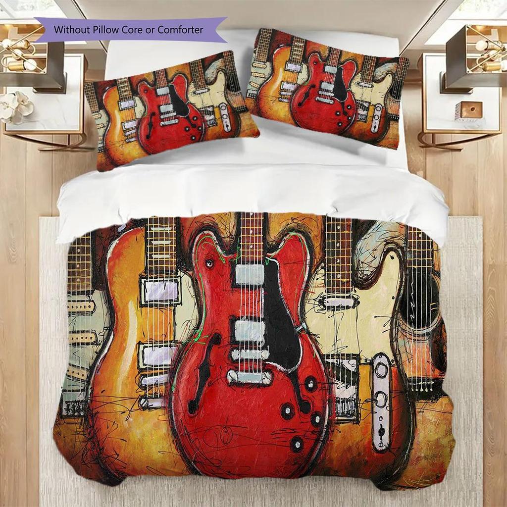 1PC Music, guitar Theme Bedding Quilt Set Quilt Cover Pillowcase Home Decoration Birthday Gift (1 * duvet cover + 2 * pillowcase, without core)