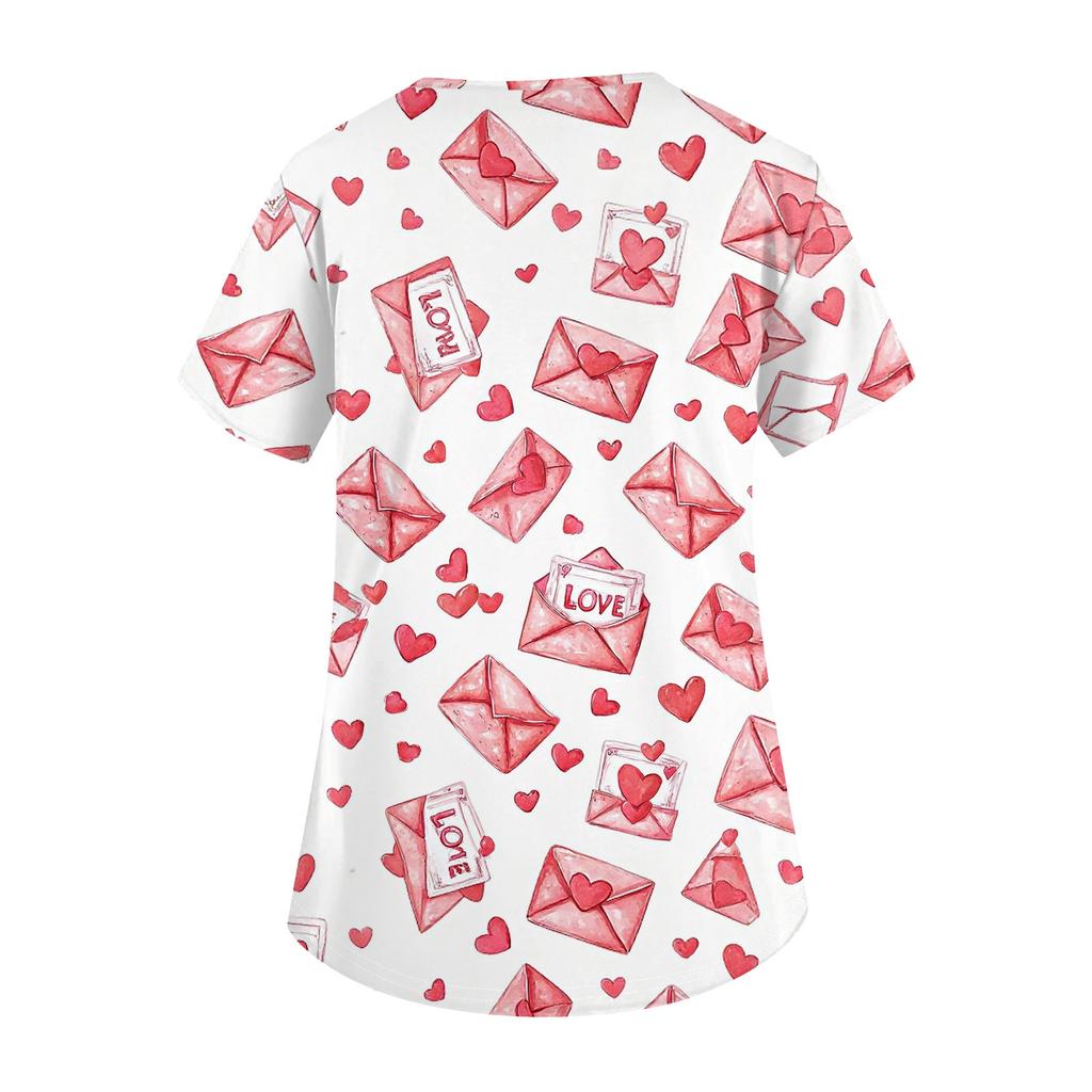 Damesmode werkkleding met V-hals, korte mouwen en bedrukte zakken