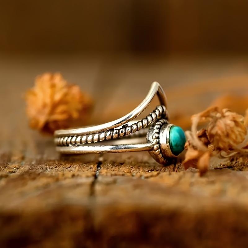 Vintage S925 Sterling Silver V-shaped Turquoise Ring for Women Bohemian Finger Ring Party Jewelry Gift