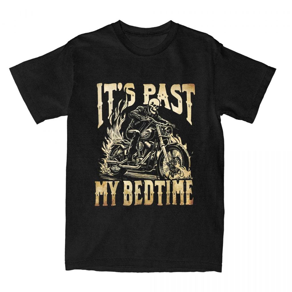 Funny Skeleton Motorcycle Its Past My Bedtime Meme Halloween T Shirt Y2K Cotton Cool Tee Shirt For Men's Short-Sleeve Tees