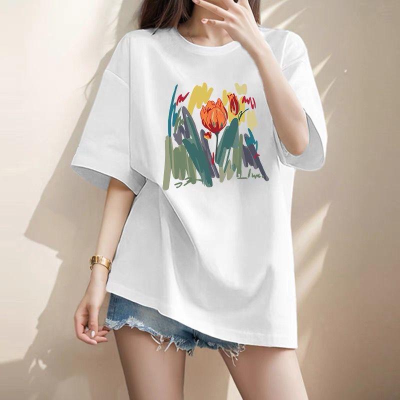 Women Clothing Chic Hand-Painted Flower Printing T-shirt Summer Elegant Fashion Pure Cotton Basic Top Tee Lady Loose Pullovers