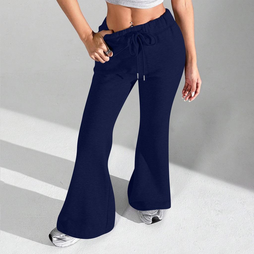 Ladies Fashion Loose Draw String Waist Solid Color Cargo Pants Leisure Flares