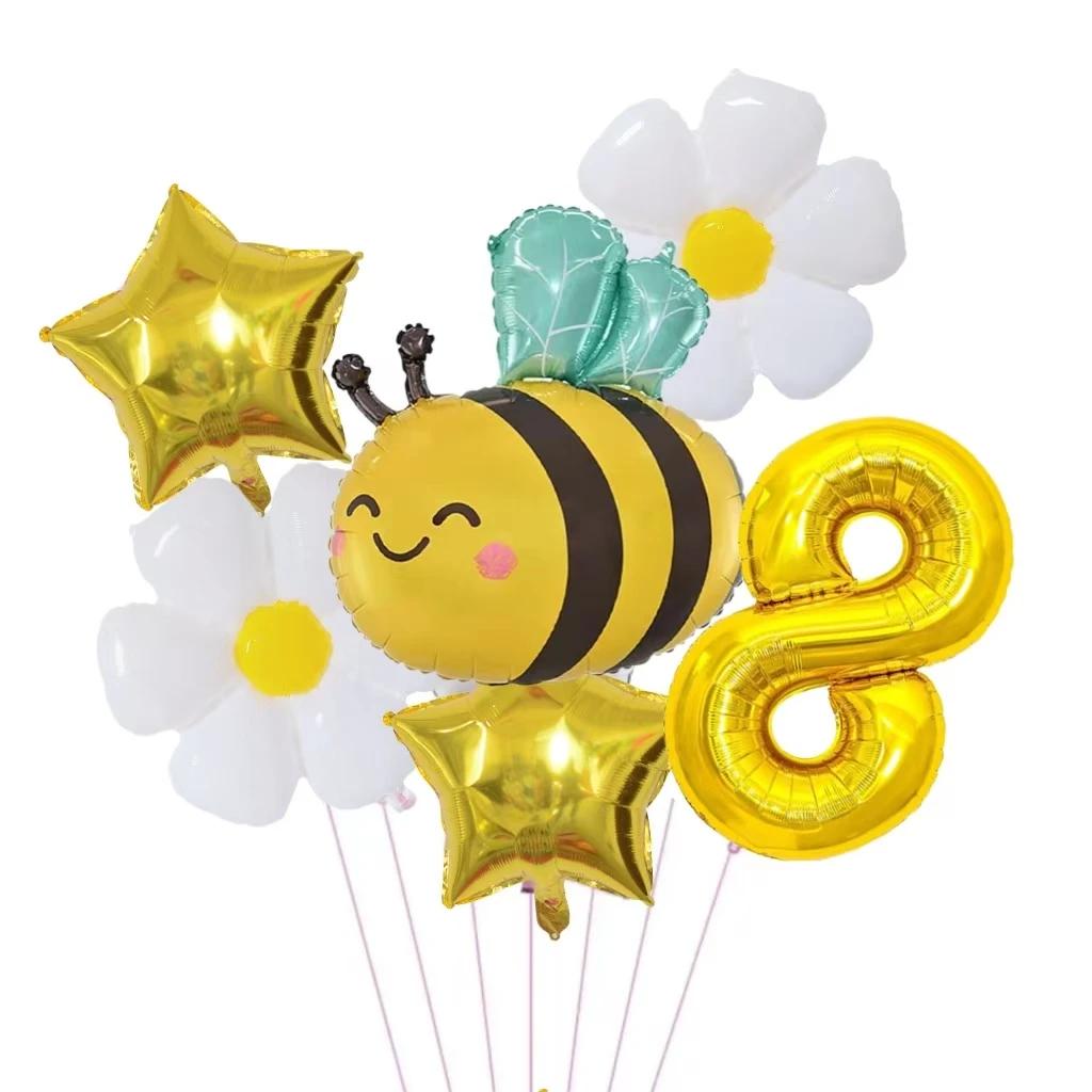 1Pc Bee Daisy 32 Inch Number Foil Balloon Set Kids 0-9 Years Old Birthday Anniversary Graduation Mother'S Day Party Decoration