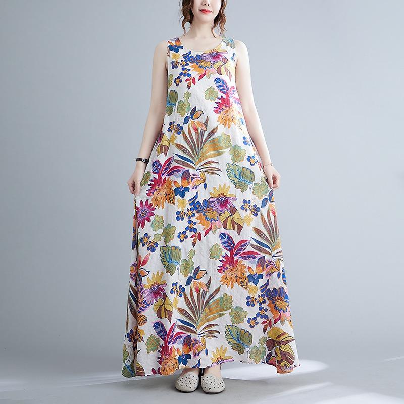 Summer Fashion Dress Women Loose Print Sleeveless Cotton Linen Dress Women's Vest Camisole Dresses