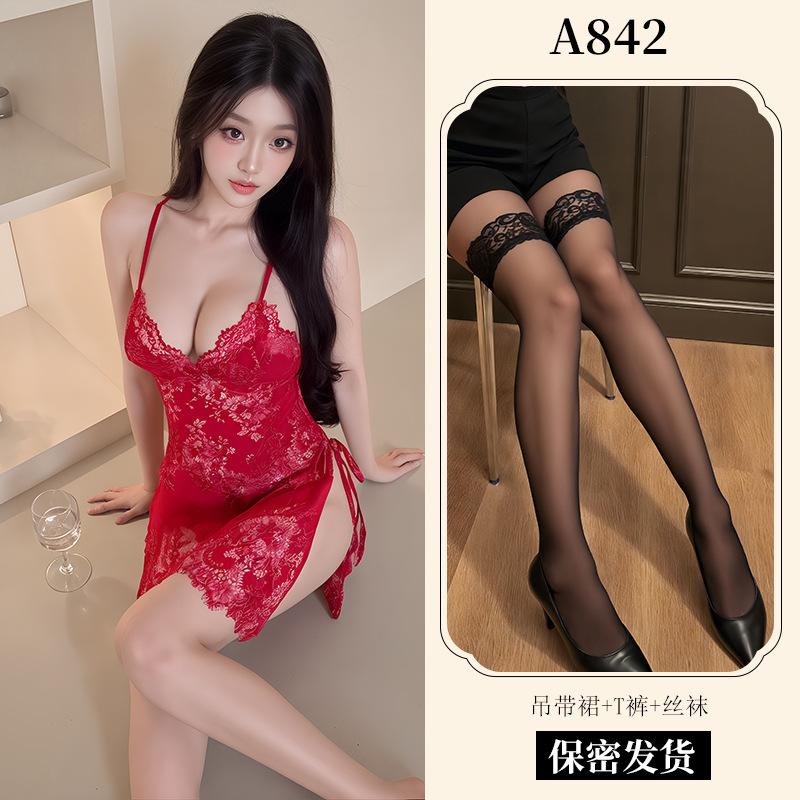 New Sexy Underwear Women's Sexy Lace Suspender Skirt Lace-up Nightdress Uniform Temptation European and American Pajamas A