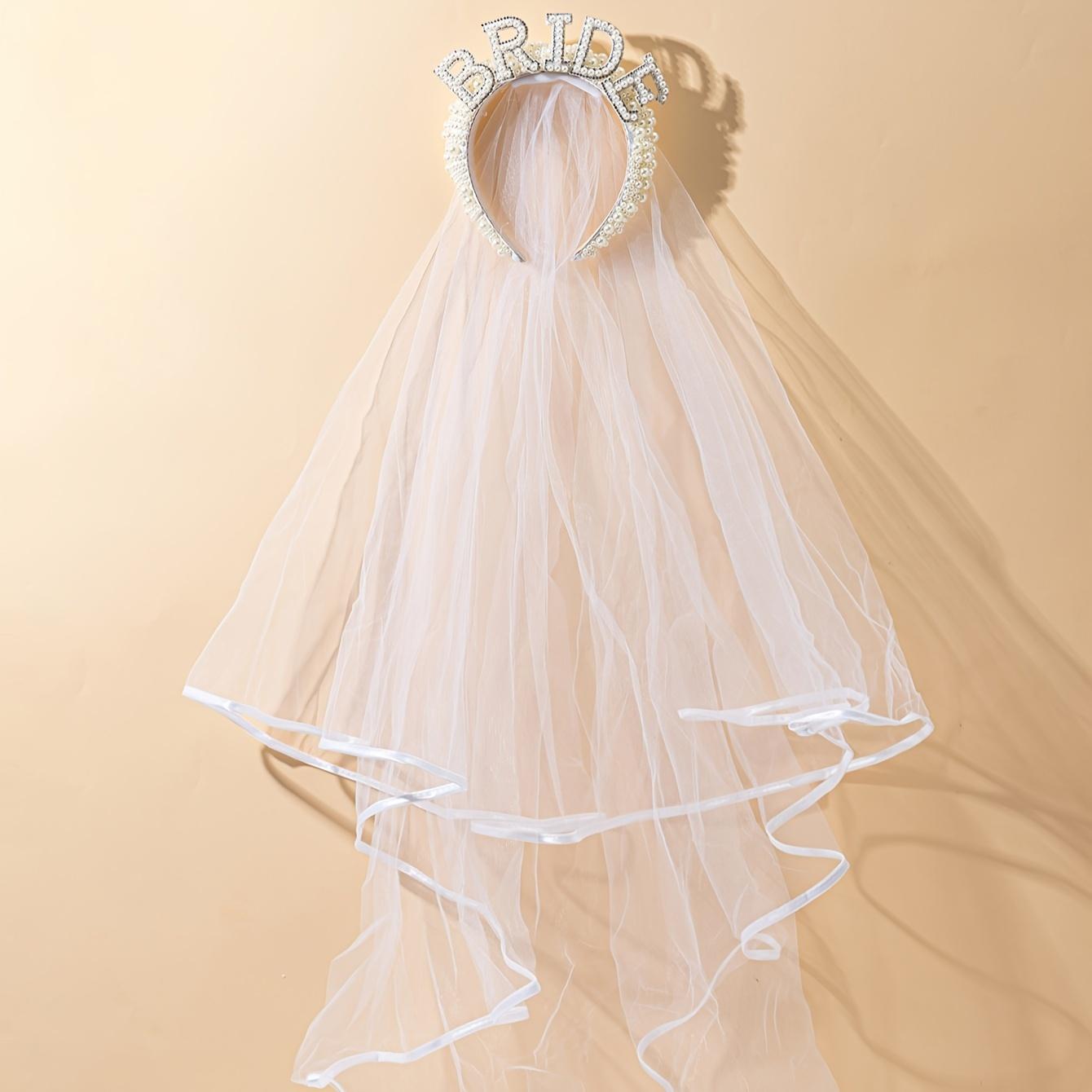 Свадебный обруч из искусственного жемчуга и страз с фатой из тюля, надпись  BRIDE , Элегантный свадебный аксессуар для волос на девичник