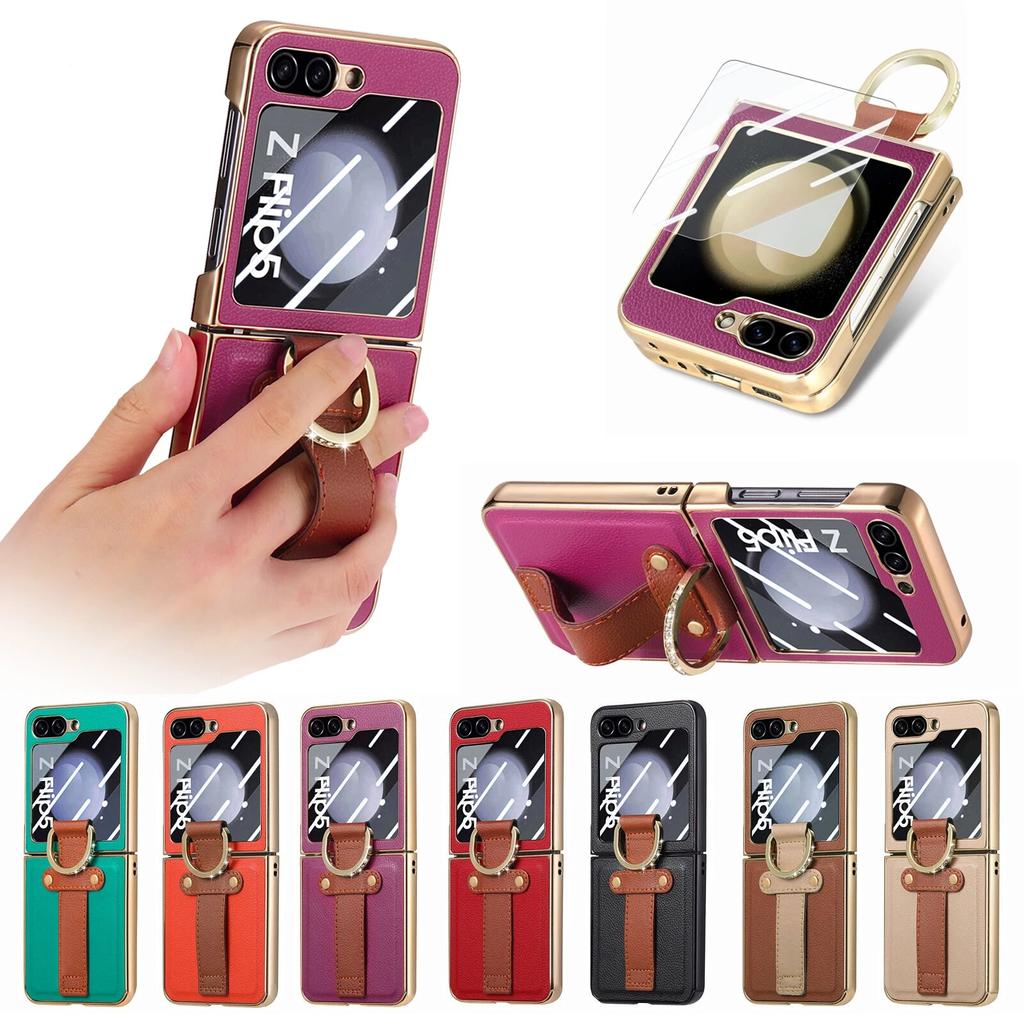 Anti-Knock Portable Bling Ring Case for Samsung Galaxy Z Flip 5 Flip4 Flip5 Flip 4 5G Leather Cell Phone Cover Glass Film
