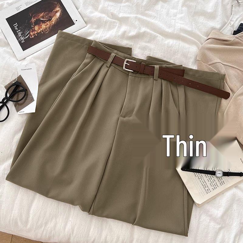 

Korean Style High-Waisted Drapey Wide-Leg Suit Pants - Women s Versatile Elegant Casual Trousers for All Seasons Khaki Long with Belt, Pant Length 105cm