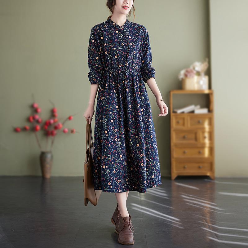 Autumn Ethnic Style Retro Artistic Cotton Linen Floral Loose Long Sleeved Dress for Women