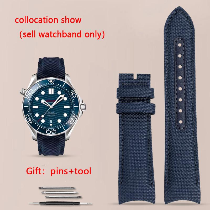 Curved End Watchband for Omega Seamaster 300 Watchband Nylon Canvas Wrist Bracelet for Seiko Rolex Water Ghost Straps 20mm 22mm