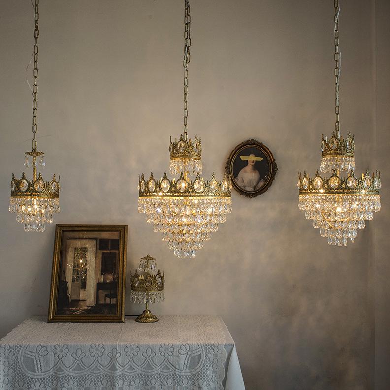 Vintage French Crown Crystal Chandelier - All-Copper Full Spectrum for Living Room, Bedroom, Entry, Bedside, or Wedding Décor.