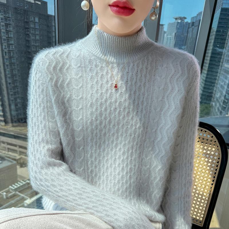 Women's Loose Cable Knit Cashmere Sweater - Double-Ply Wool, Double-Layer Collar, Base Layer for Autumn/Winter