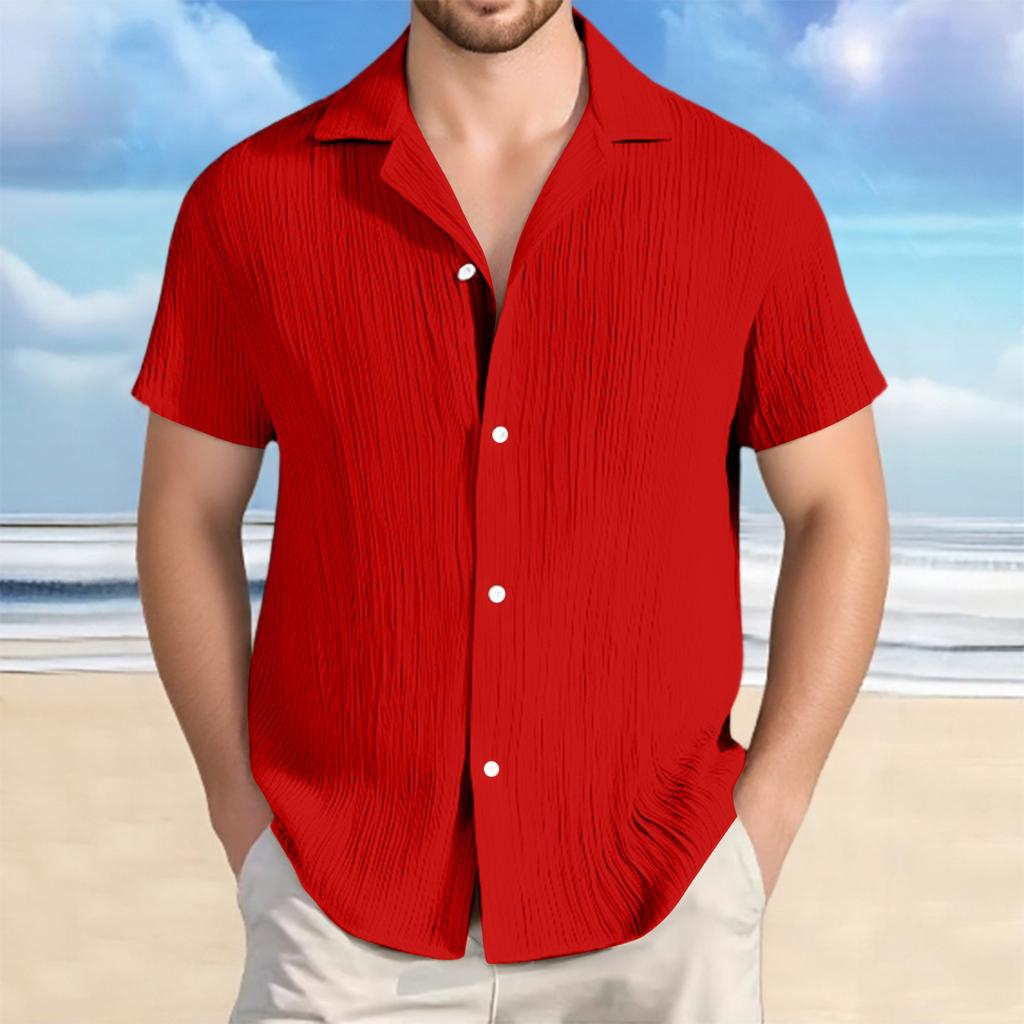 Camisa Casual Listrada de Algodão e Linho de Manga Curta Solta para Homem