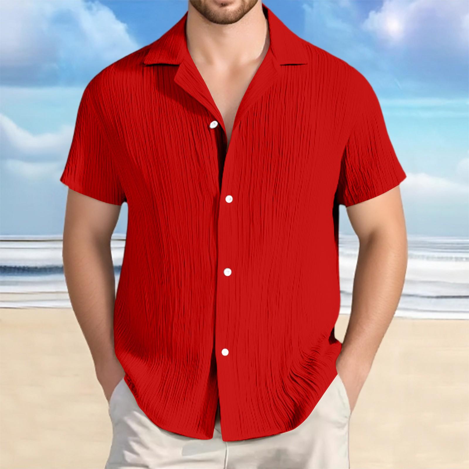 

Мужская хлопковая и льняная полосатая повседневная свободная рубашка с короткими рукавами M красный