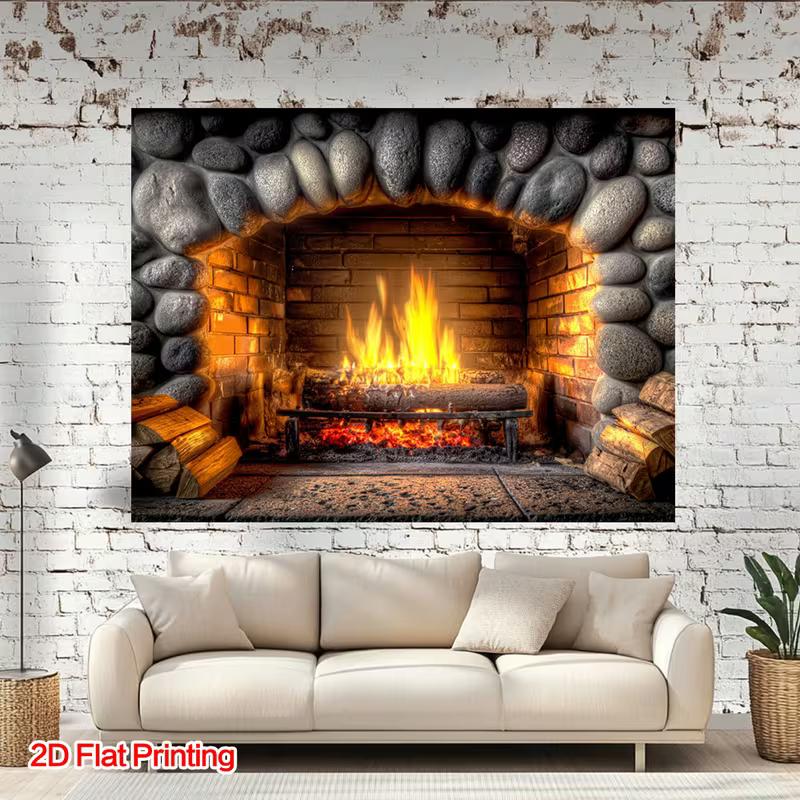 2D Realistisches Kaminbanner, Brennendes Holzfeuer im Ziegelkamin