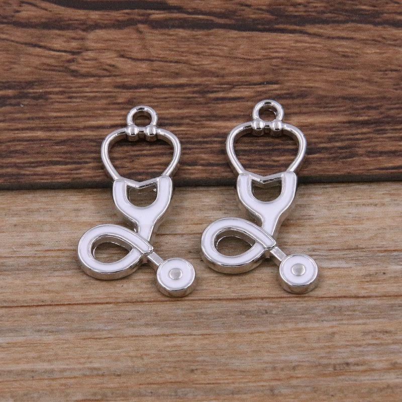 6 Style Medical Charm Jewelry: Drip Oil Stethoscope, Syringe, Heart Pendants in 2 Base Colors