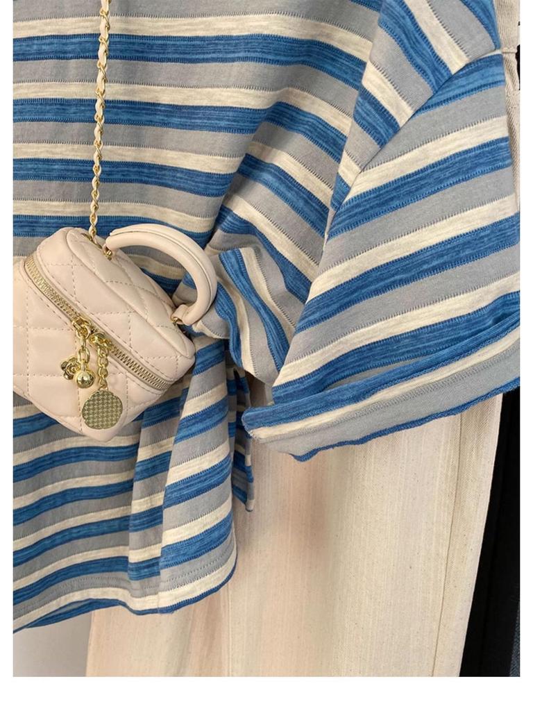 Plus Size Green Striped Short Sleeve Women's Summer T-Shirt - Lightweight, Loose Fit
