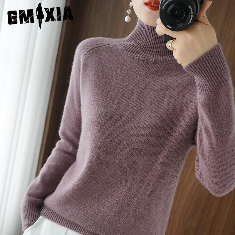 GMXIA Stand-up Collar Sweater for Women's Autumn and Winter Thick Collection, Solid Color Pullover, Loose Knitted Long-sleeved Base