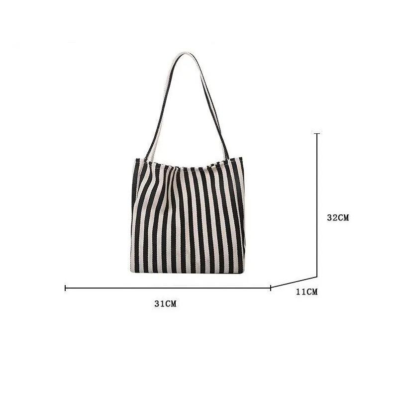 Large-Capacity Canvas Female Shopper Handbag Simple Striped Single-Shoulder Casual Multi-Functional Travel Handbag