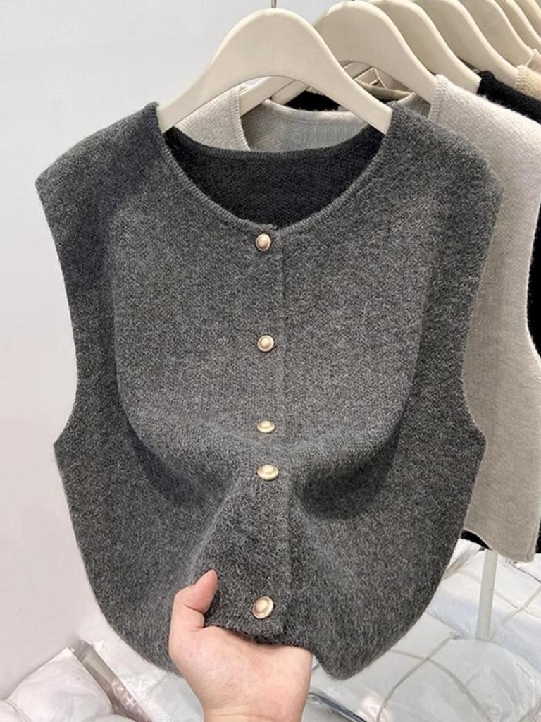 European Style Women's 2025 Knitted Sleeveless Cardigan Sweater for Spring & Autumn
