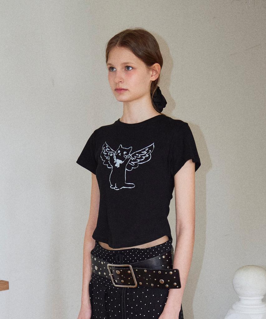 Loginaenloji Angel Cat Printed T-Shirt Black