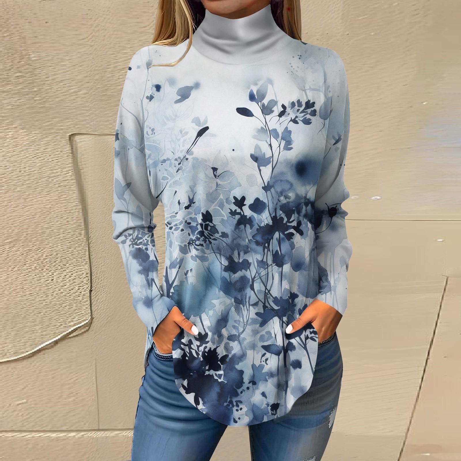 Женская модная повседневная футболка с длинным рукавом с высоким воротом и принтом — фото 11