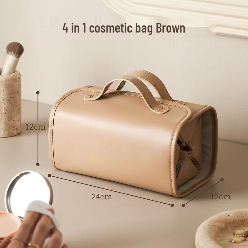 Premium Foldable Leather 4-in-1 Makeup Bag: Detachable, Waterproof, Wet/Dry Separation Toiletry Storage