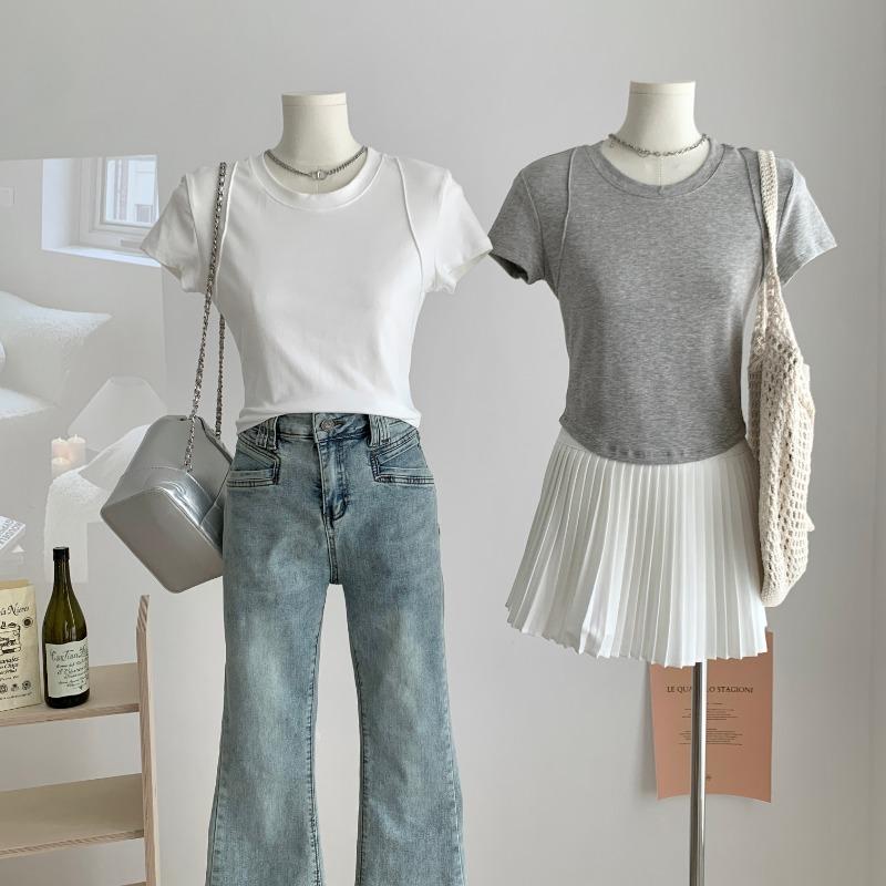 Fashion Round Neck Slim Fit Cropped T-shirt Women Short Sleeve Tops Women Summer Elegant Casual T Shirt Office Lady Simple Tee 24239