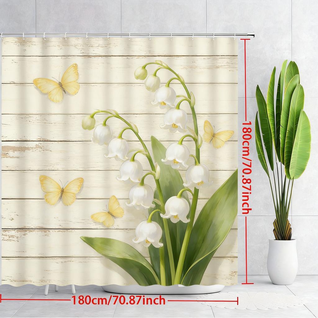 Vintage Pink Roses & White Butterflies On Rustic Wooden Planks Waterproof Shower Curtain For Bathroom Decor