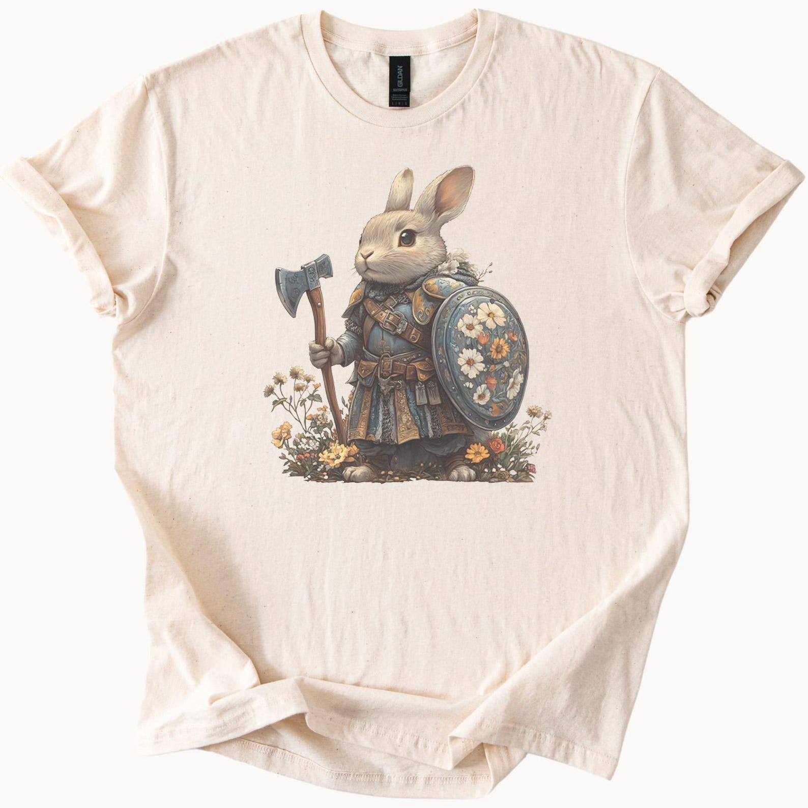 Armored Bunny Warrior TShirt Floral Shield Axe Rabbit Tee 140