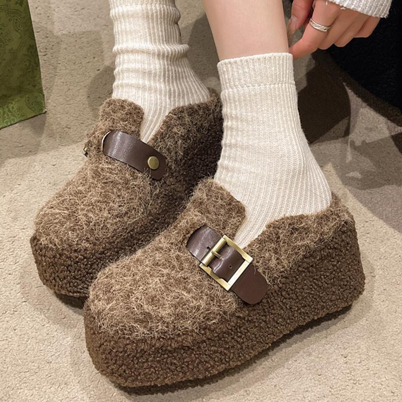 Suede Women Wedges Slippers High Heels Designer Shoes Fur Short Plush Slingback Winter Shoes 2024 Trend Fashion Mujer Zapatos