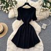 V-neck Short-sleeved Knitted Multi-color Dress, Summer A-shaped Skirt, Age-reducing Waist and Thin Temperament Commuter Skirt
