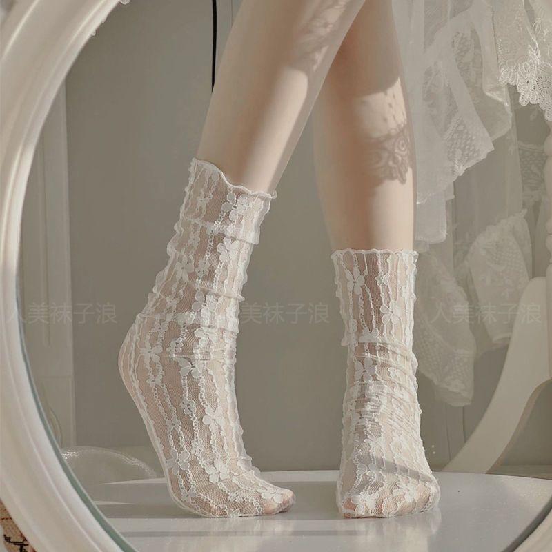 JK Women's Sweet Pile Socks Lace Flower Mesh Socks Female Small Fresh Mid-tube Socks Summer Thin Breathable Japanese Style