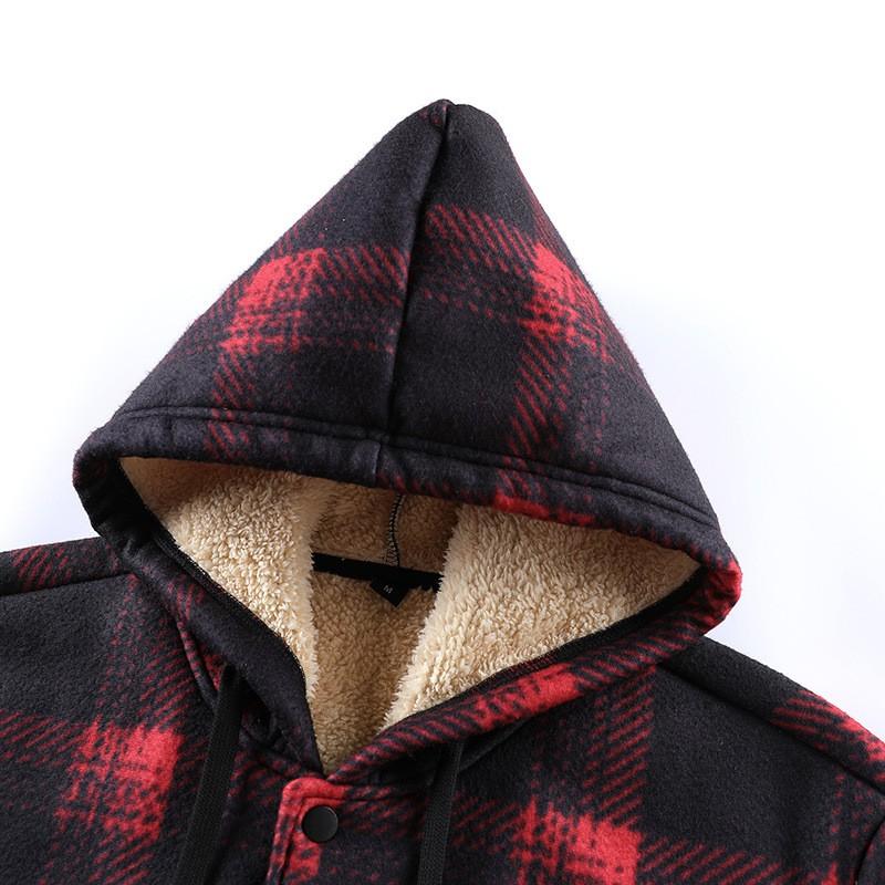 Plaid Hooded Fleece Jacket Men Warm Loose Fit Casual Outdoor Winter Coat
