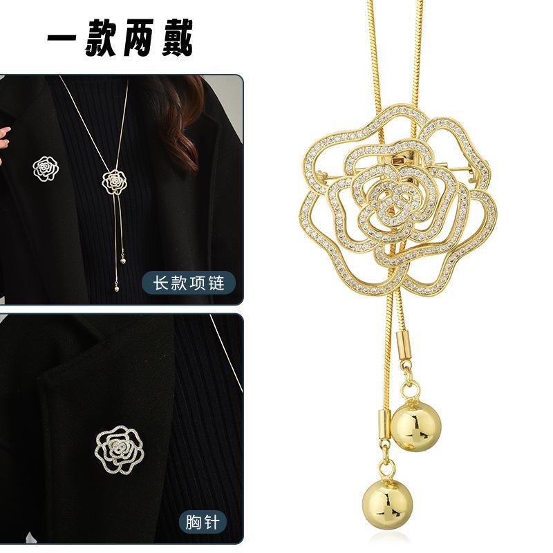 Suijue Pearl Sweater Chain Two Wear Crystal Flower Long Necklace Titanium Steel National Style Two Wear Function
