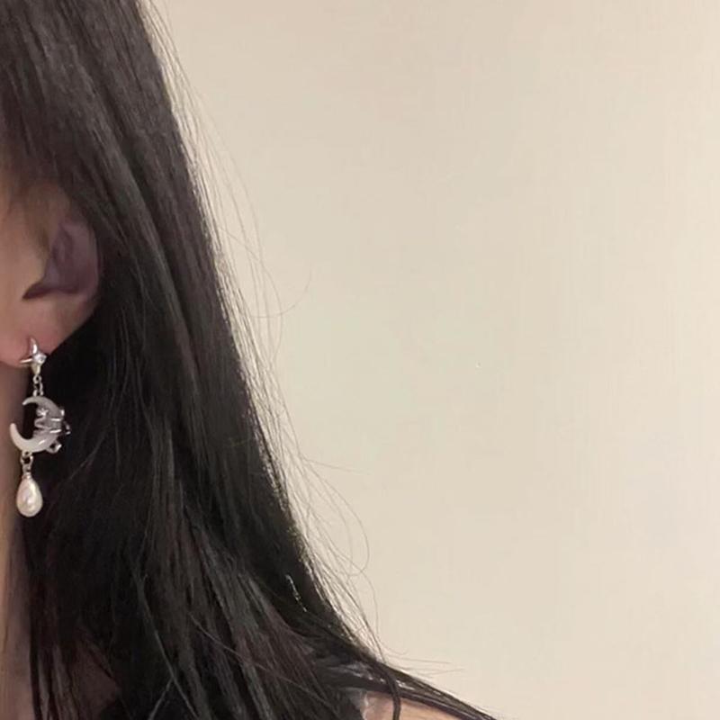 Asymmetric Shiny Star Moon Drop Earrings For Women Exquisite Metal  Pearl Jewelry Accessories