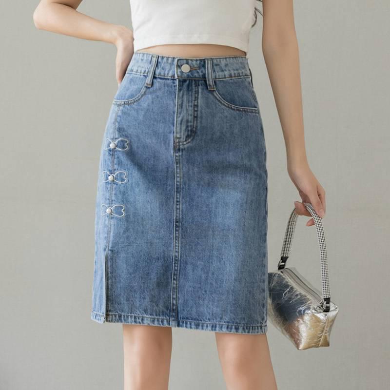 Women's High-Waisted Beaded Denim Mini Skirt - A-Line, Mid-Length with Slit, Slimming Bodycon Style, Perfect for Summer 2025