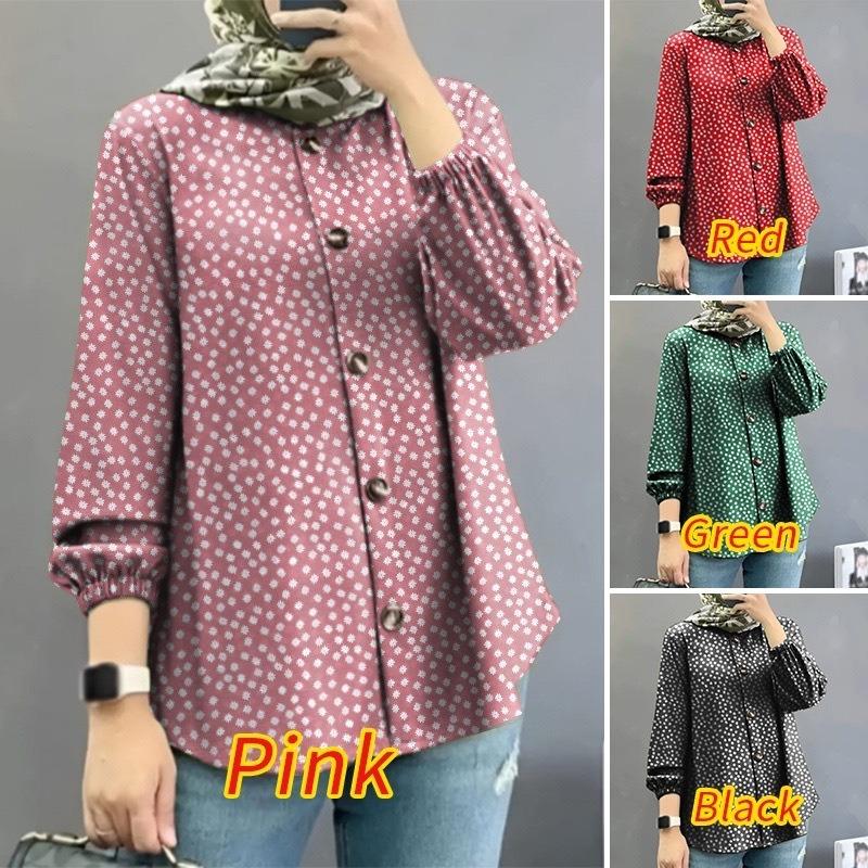 Plus Size Women's New Fashion Puffed Sleeve Floral Shirt